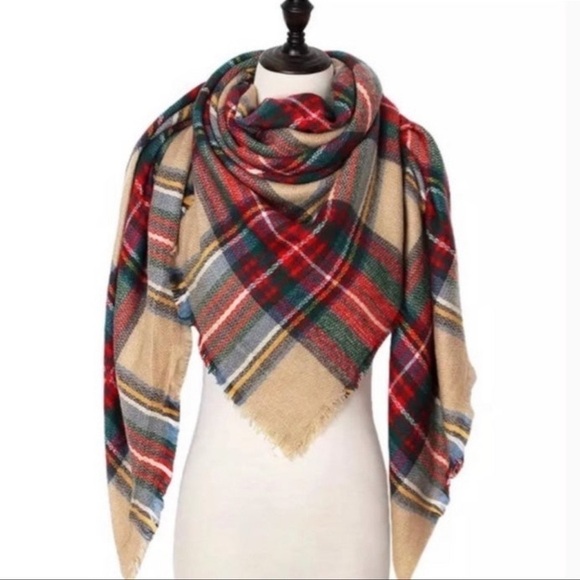 Tartan Plaid Red Tan & Green Oversized Square Blanket Scarf - Picture 1 of 10